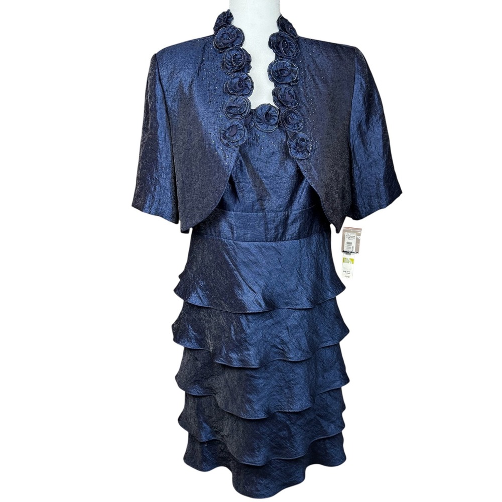 R&M Richards Women's Size 14 Navy 2-Piece Tiered Party Dress & Bolero Jacket